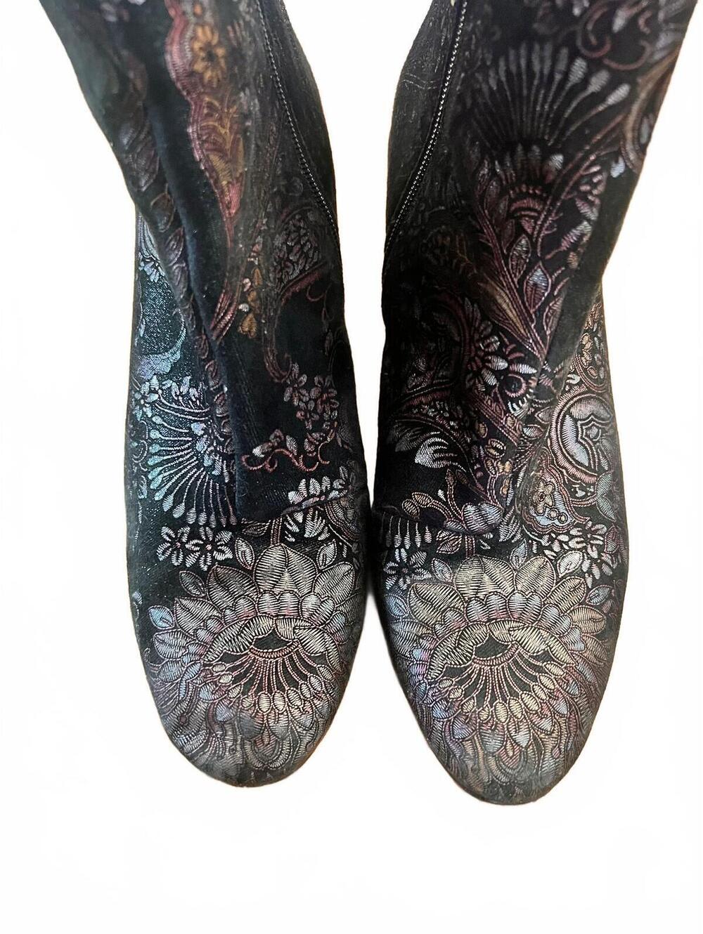 Aldo Women's Black and Metallic Floral Patterned Ankle Boots Size 10